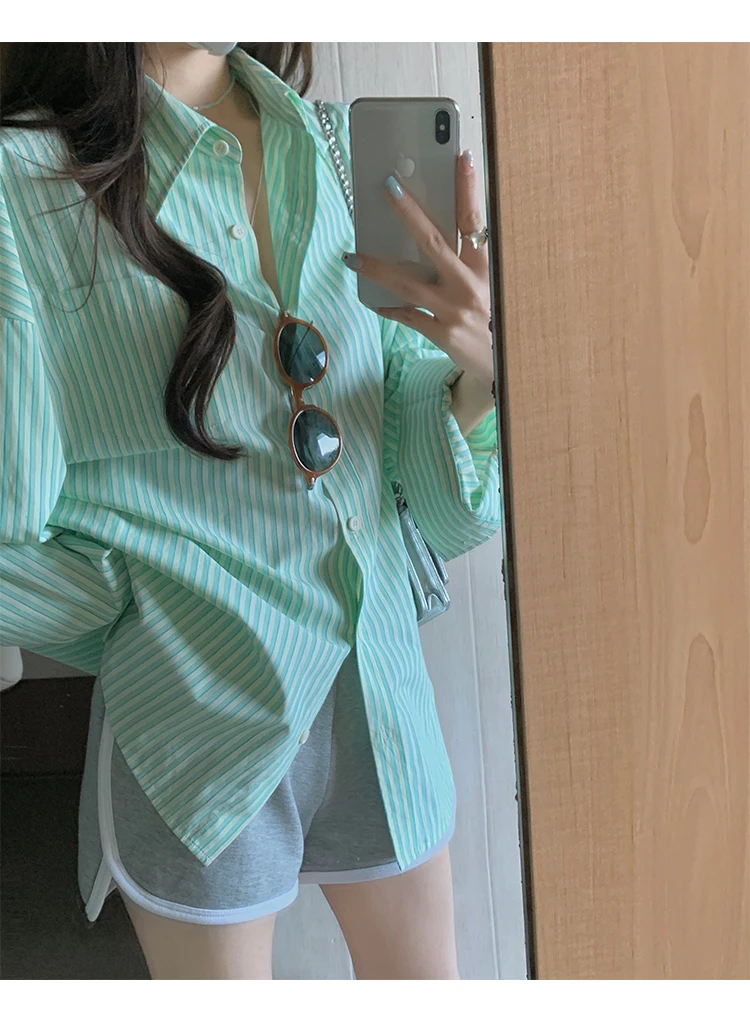 Pink Green Striped Shirt for Women Oversize Button-up Turn-down Collared Long Sleeve Blouse Ladies Tops Spring Summer Outfit