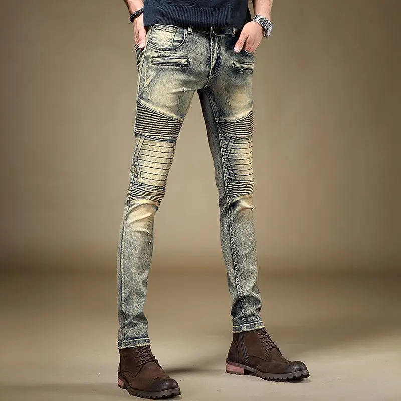 عربات التي تجرها الدواب رجل كاوبوي السراويل ضيق الأنابيب سليم صالح دراجة نارية نحيل بنطلون Kpop الجمالية Y 2k خمر مصمم Y2k Xs الجينز للرجال #2