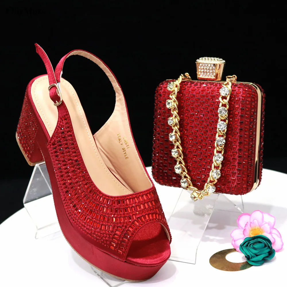 Latest Nigerian Rhinestone Party Women Shoes And Bag Set Italian Style Summer High Heels Shoes And Bags Set For Evening Party