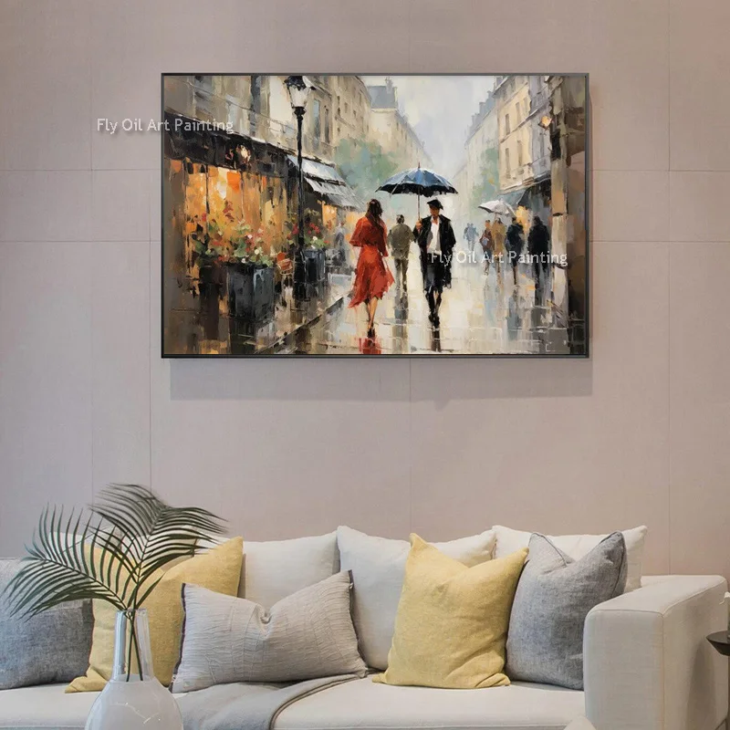 

Modern People With Unbrella Thick Canvas Oil Painting New Design Handmade Night Street Raining View Artwork For Home Decor