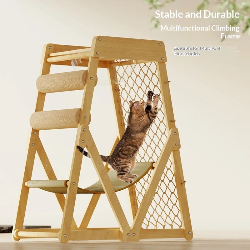 

Upgraded Solid Wood Cat Tree with Space Capsule & Hammock, Self-Play Climbing Net & Scratching Post, Cozy Cat Bed for Cats