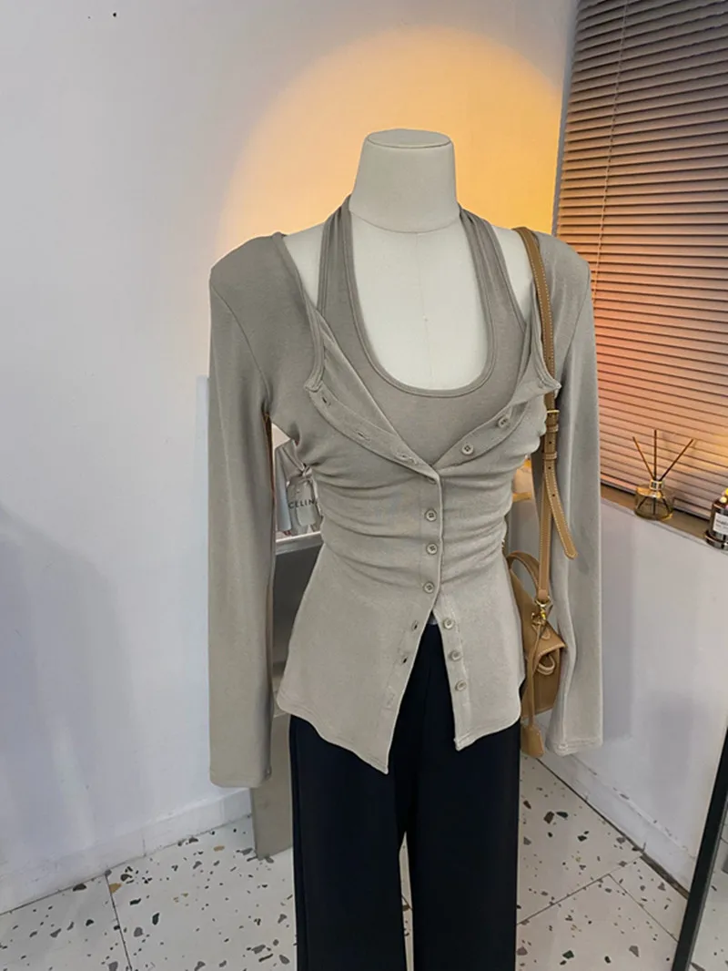 Elegant Short Sleeve V-neck Open Cardigan Women's Slim Fit Neck Hanging One Button Style Spring Autumn New Fashion Fake Two-P...