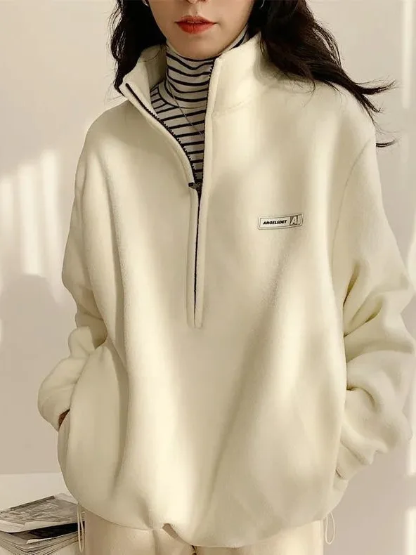 

Женская флисовая толстовка на молнии в американском стиле, утепленная, осенне-зимняя, с воротником-стойкой, с длинным рукавом, термобелье для повседневной носки