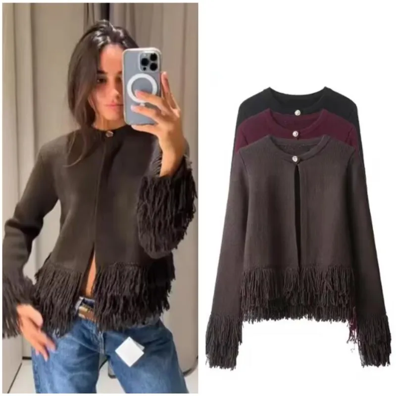 

Women Tassel Knit Cardigan Autumn Winter Casual O Neck Single Buckle Solid Color Long Sleeve Coats Female Sweaters Chic Tops