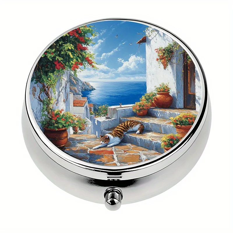 Single pack, wallet-style pill box, 3 compartments, Seaside Cat Alley mini pill box, portable decorative pill box, unique travel gift, best Christmas present