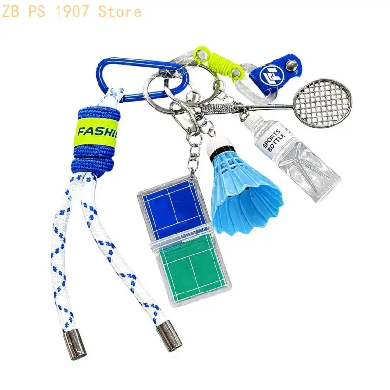 Sports-Themed Badminton Ring with Racket and Shuttlecock Pieces, Multiple Rings, Rope Loop and Clip for Bags 55KA