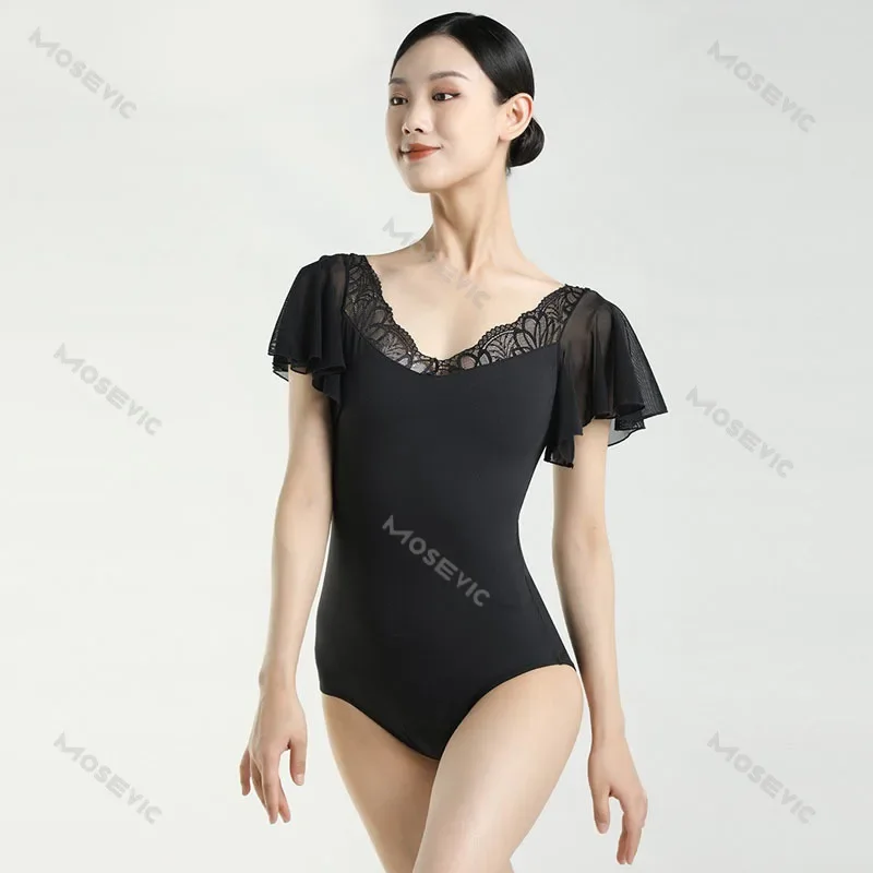 Ballet Costume Leotard Lotus V-neck chiffon leaf sleeve Art Test Elegant Bodysuit Gymnastics Training Girls Dance Wear Swimwear