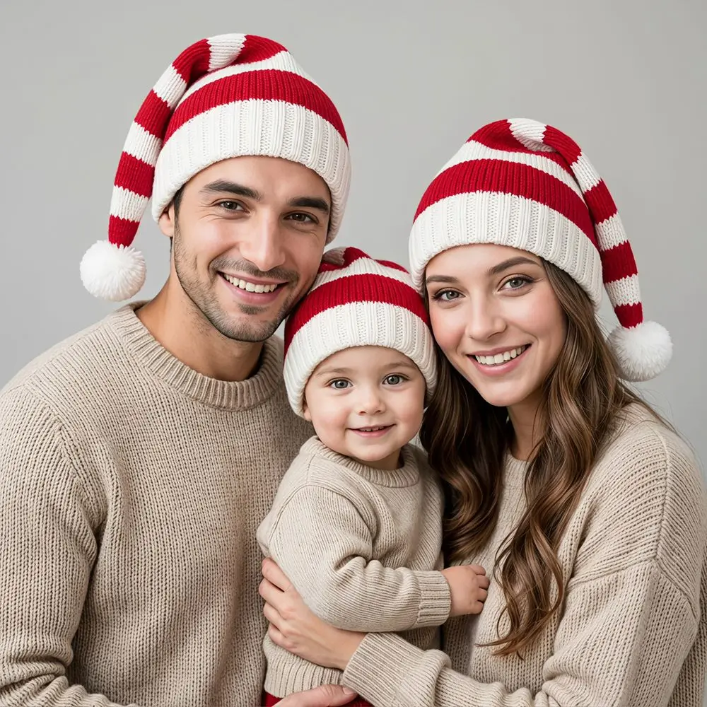 Fashion Merry Christmas Hat Christmas Knitted Hat Green Red Stripe Santa Beanie Hat Crochet Warm Parent Child Hat Winter/Autumn