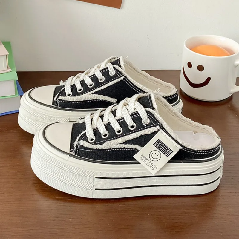 

2025 Canvas Thick Platform Mule Shoes Women Slip-On Sandals Cloud Cushion Summer Casual Orthopedic Slippers Lazy Shoes