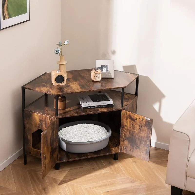 

Corner Cat Litter Box Enclosure, Decorative Pet Cabinet Furniture with Open Shelf, 2 Entrances, Hidden Cat Washroom, Do