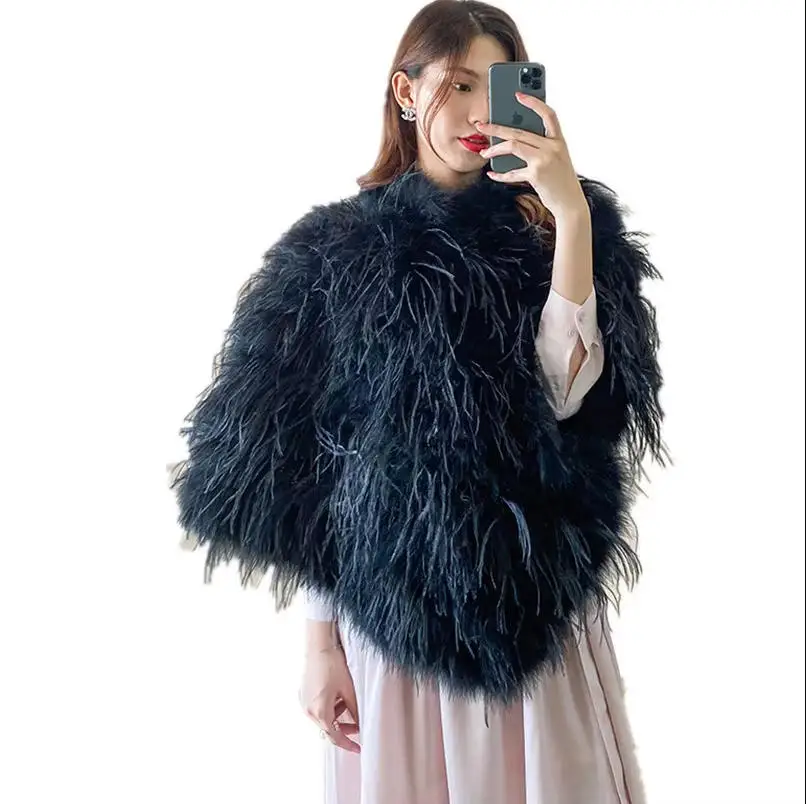 Real ostrich leather fur cape elegant collar poncho autumn winter women black fluffy Pullover Shawl