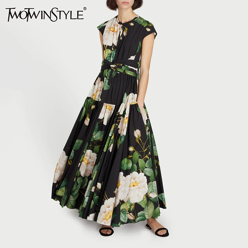 

TWOTWINSTYLE Floral Printing Dresses For Women Round Neck Short Sleeve High Waist Patchwork Folds Elegant A Line Dress Female