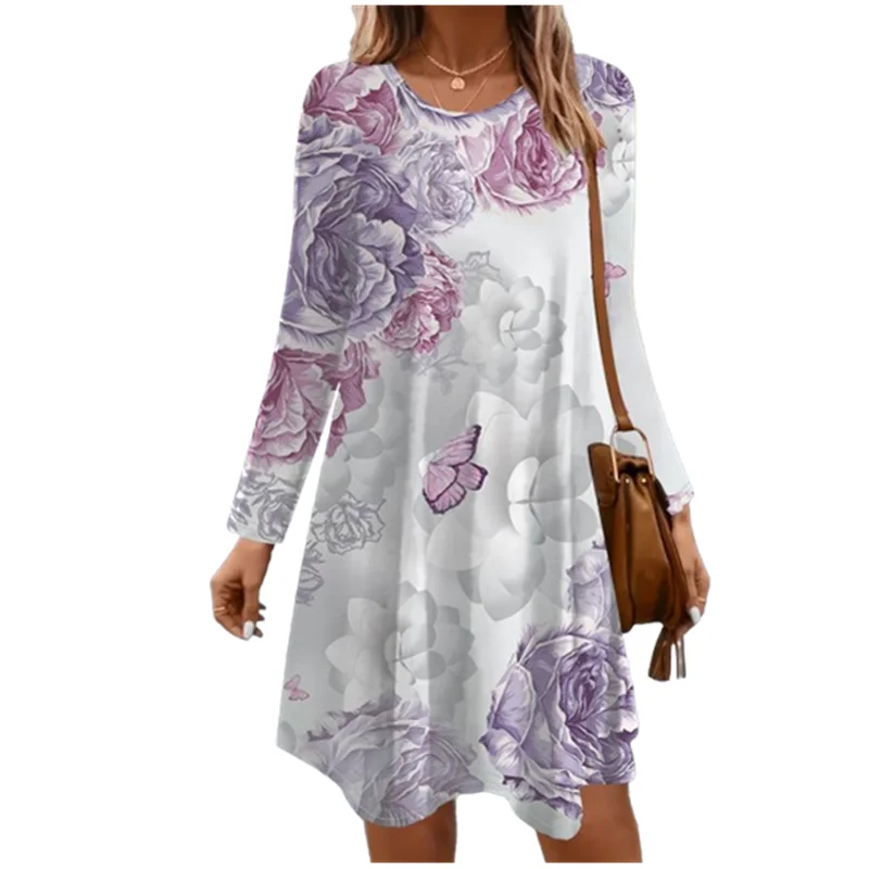 Sukienka damska z nadrukiem, retro wzór kwiatowy, długi rękaw, krój A, codzienna, na wiosnę i jesień, luźna odzież, moda 2025
