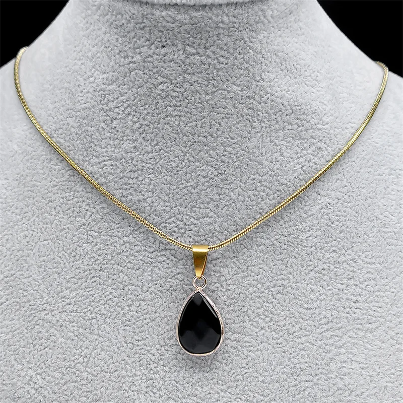 Wassertropfen Schwarz Natürlicher Obsidian Stein Anhänger Halskette für Frauen Vintage Edelstahl Schlangenkette Choker Halsketten Schmuck – Detail 8