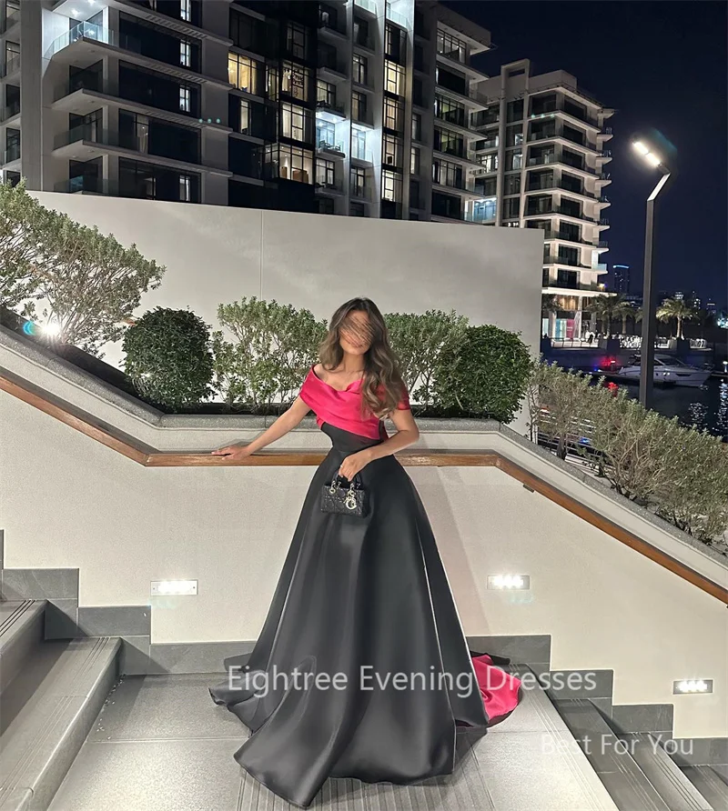 Eightree Black/Pink Arabic A Line Prom Dresses Off Shoulder Evening Party Dress Satin Dubai Formal Occasion Gowns Robe De Soirée