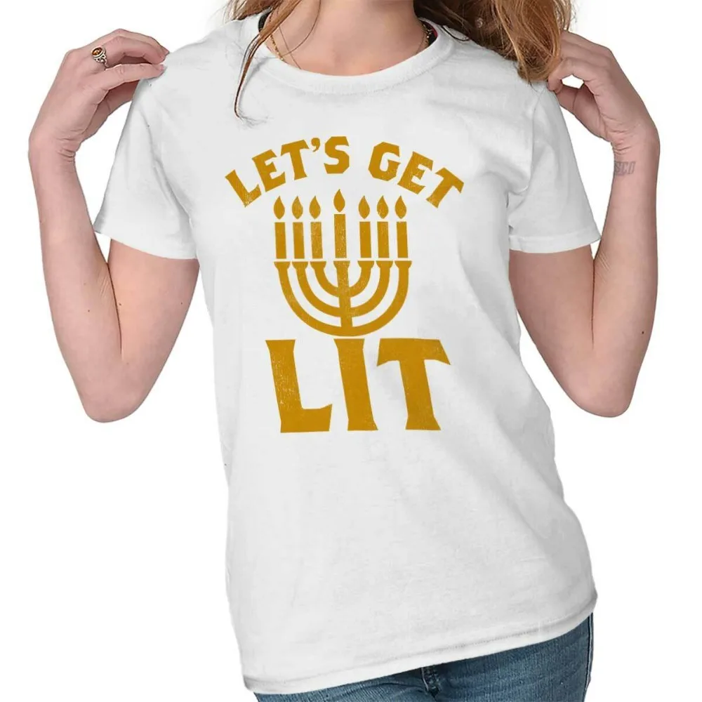 دعونا نحصل على مضاء مضحك هانوكا الشمعدان Pun التي شيرت الرجال النساء عادية س الرقبة رائجة البيع القمم مهرجان هانوكا ازياء عيد الميلاد المحملة