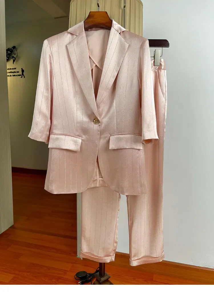 

Women Prom Pink Stripe Stain Suit Noted Jacket Coat Tops And Pant Two Piece Set Matching Outfit Office Ladies 2023 Summer Cloth