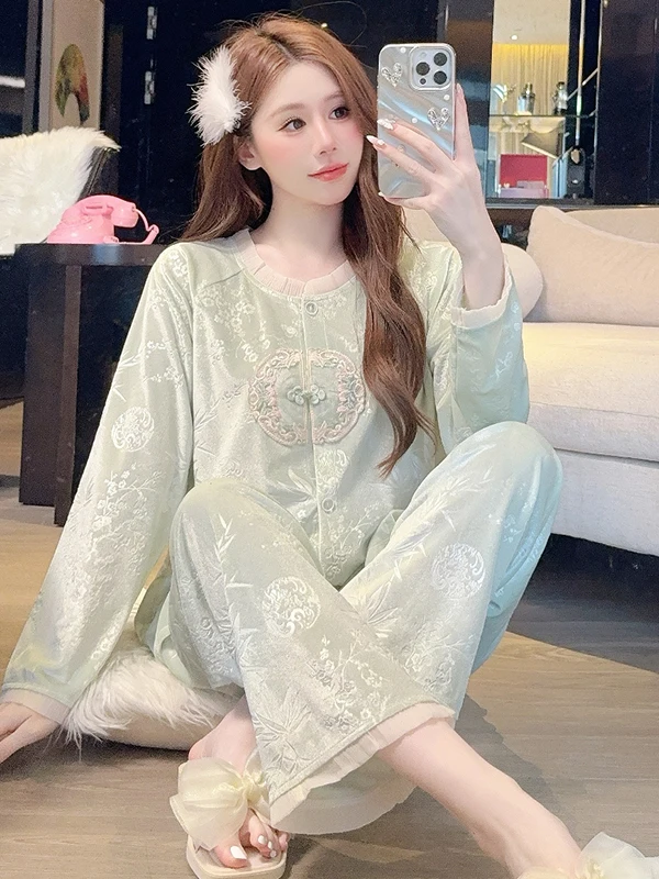 Gold Velvet Sleepwear Set Women's Long Sleeve Long Pants Home Clothes Comfortable Soft round Neck Open Cardigan Style Home Fa...