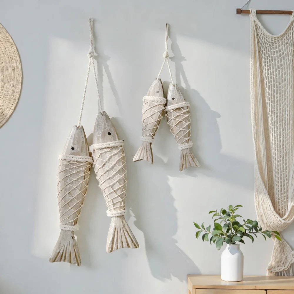 Handmade Retro Style Wood Fish String Wall Decoration Nautical Mediterranean Hanging Pendant For Cafe Shop Interior Decor