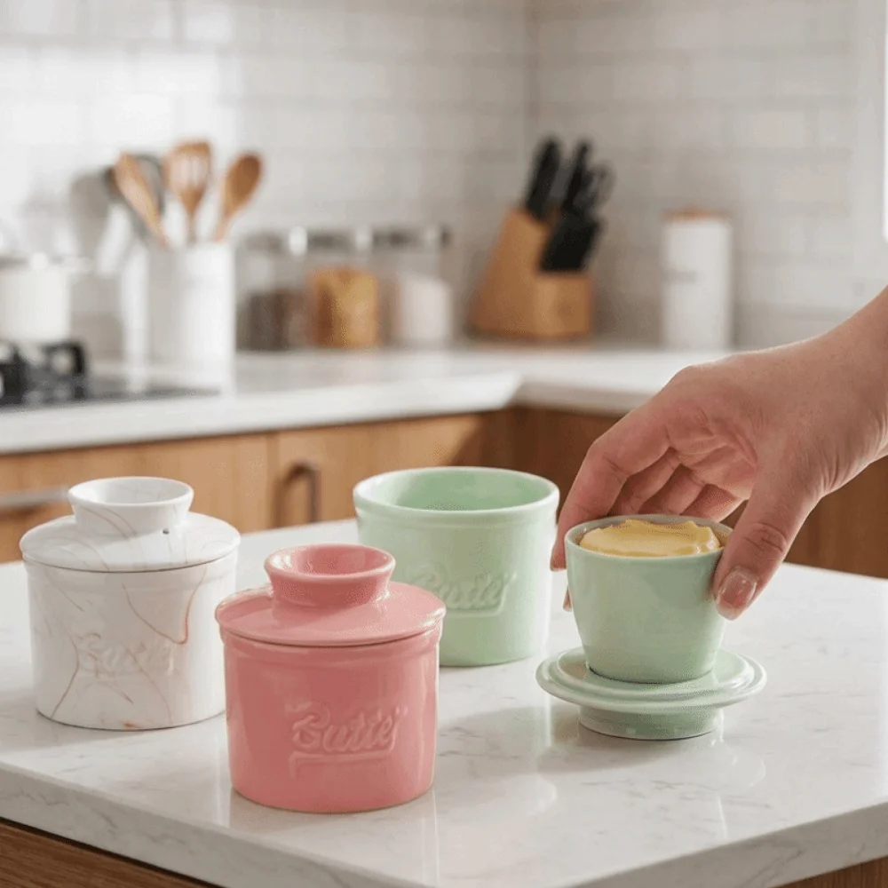 

Spice Jar Sealed Round Butter Box Large Capacity with Lid Butter Bell Crock Keep Fresh Ceramic Butter Crock Household