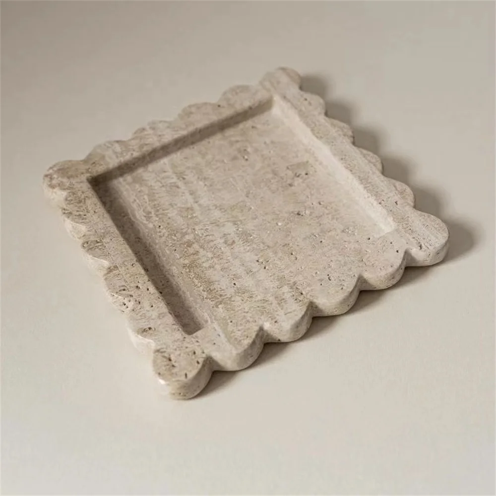 Wholesale 20pcs Custom Premium French Luxury Vintage Natural Beige Cave Hole Stone Marble Travertine Square Ruffle Jewelry Tray