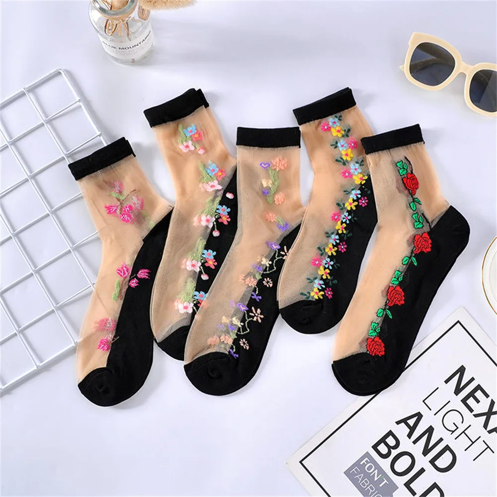 5 Paar Kristall-Seiden-Baumwoll-Unterseite für Damen, transparente Spannsocken, dünne Mittelröhre, Jacquard-Gaze, Frühlings- und Sommersocken