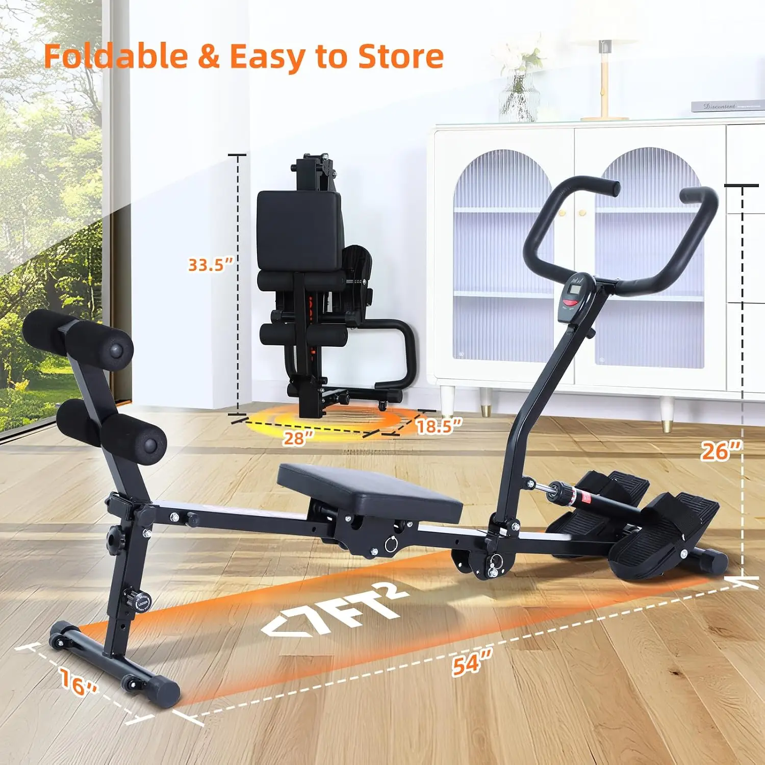 Hydraulic Rowing Machine Foldable 12 Level Home Gym Rower Black Multi Functional Transport Casters Backrest 297lbs Max Weight Lo
