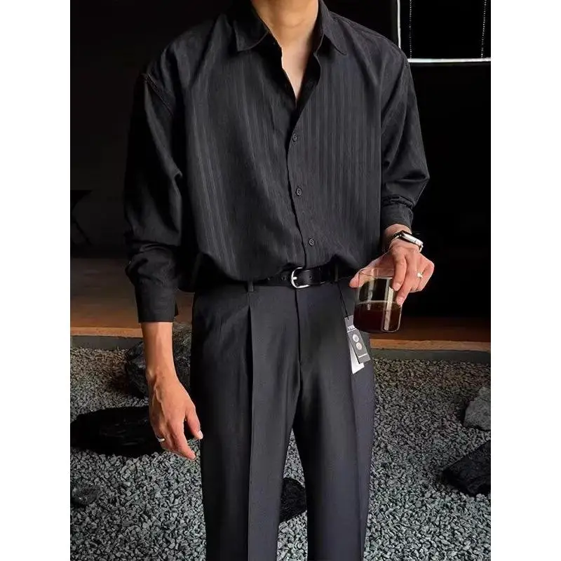 

Loose Fit Long Sve Men's irt Textured Korean Sle Versatile Casual Faion Spring Autumn Iron Free Polyester Blend