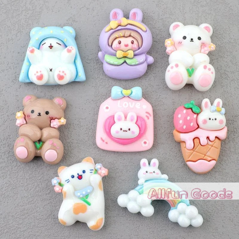 8Pcs Cute Resin Rabbit Bear Cake Rainbow Series Flat‑Back Embellishment DIY Handcraft Decor For Hair Bows Phone Case Accessories