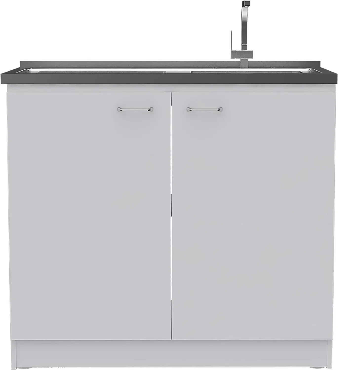 

Freestanding Sink Cabinet Double Door Shelves Metal Handles Aluminum Countertop White Integrated Steel Sink