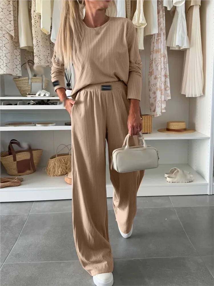 

Casual Loose Set Lady Fashion Long Sleeve O Neck T Shirt Tops+High Waist Wide Leg Pants 2 Piece Sets For Women Sports Clothes