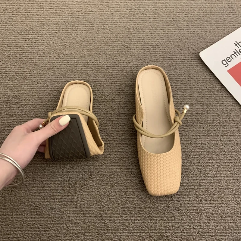 

2024 New Flat bottomed French Slippers for Women Ladies Summer Mary Jane Shoes Female Solid Fashion Slides Shallow Mouth Mules