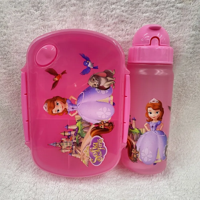 Disney Elsa Lunch Box Water Bottle Set Cartoon Outdoor Sports Plastic Cup Student Picnic Food Fruit Salad Containers Bento Boxes