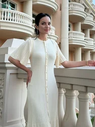 Womenâs Short Sleeve Summer Dress 2024 Single-breasted Knit Cardigan Dress Elegant V-neck Long Dresses Women Clothing