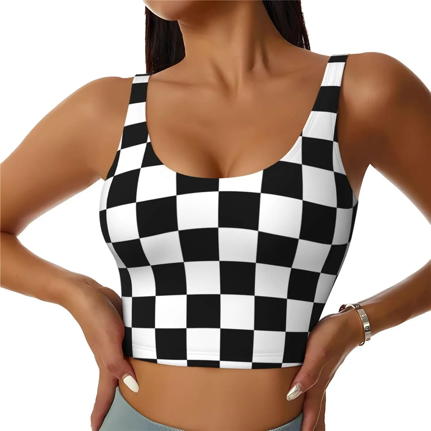 White grid Womens Girls Sports Bra Workout Crop Tank Tops Padded Yoga Bra Casual Tops