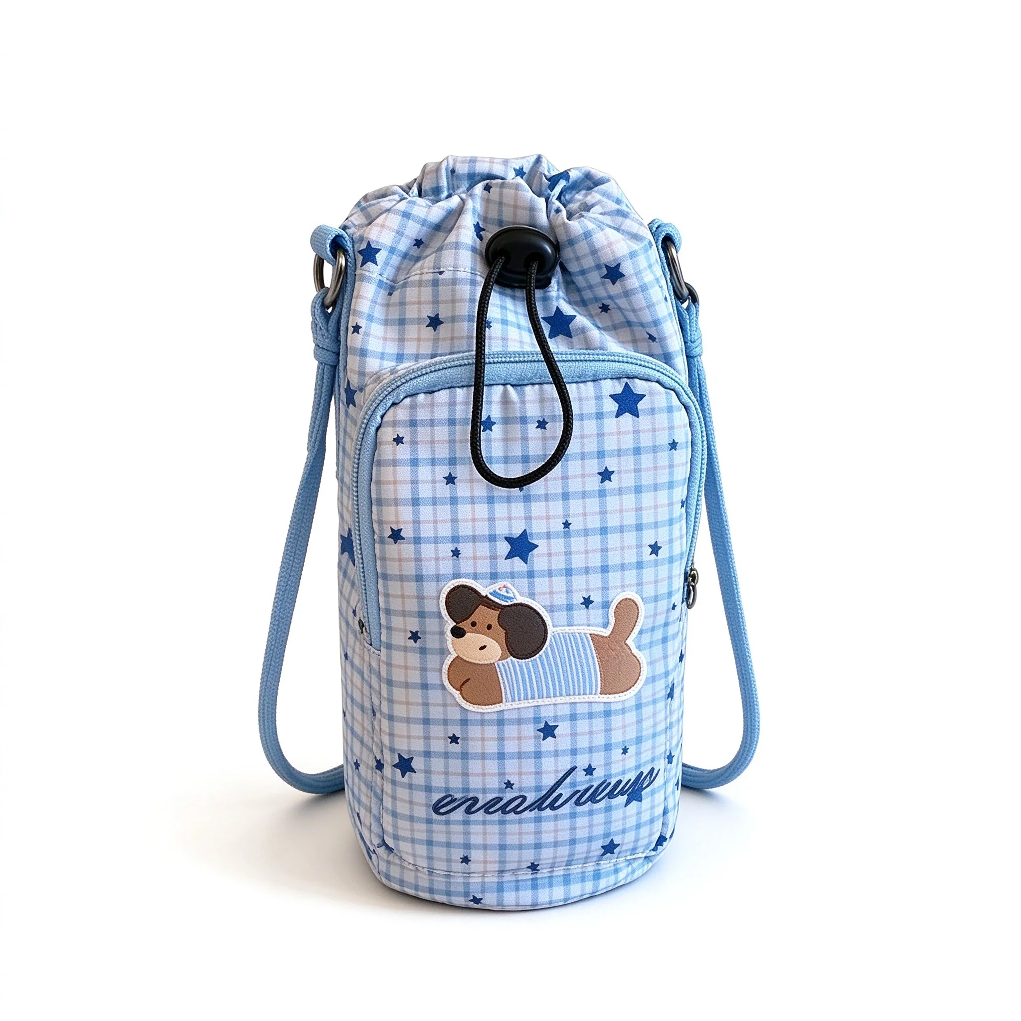 Cat Bear Light Blue Brown Pink Plaid Star Drawstring Water Bottle Holder Crossbody Sling Cute Dog Patch Portable Shoulder Bag