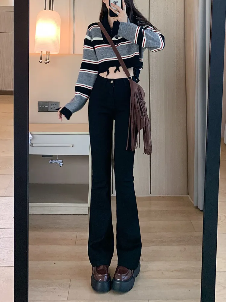 

High Waist Flared Jeans Women's Black Skinny Bootcut Pants Spring Autumn High Waist Bootcut Jeans Cotton Stretch Denim