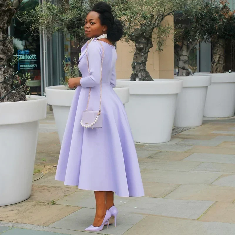 Elegant Purple Pretty Women Dresses Solid Long Sleeve O-neck Party Evening  A Line Pleated Midi Dress Fashion African Clothing