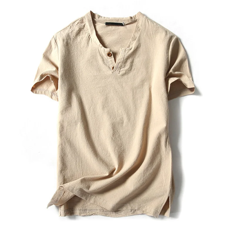 Summer Cotton Linen Men Short Sleeve T-shirt Loose Pure Color V-neck Fat Man Extra Large Trendy Fat Boy