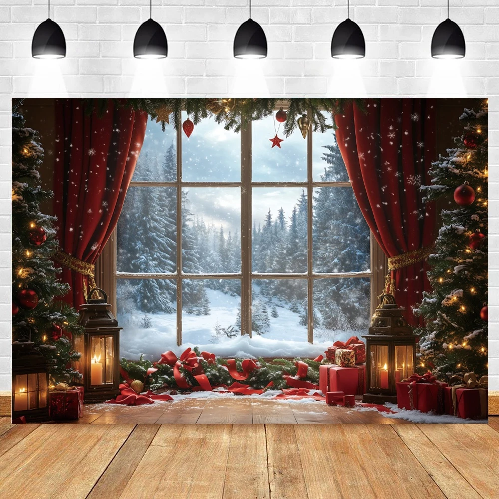Christmas Vintage Window Backdrops Winter Snowy View Xmas Tree Eve New Year Kids Family Portrait Decor Photography Background
