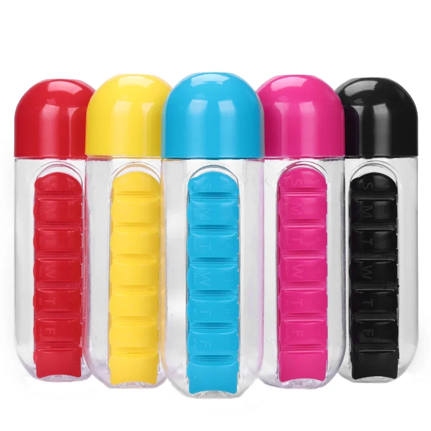 1PC 600ml Sports Plastic Water Bottle Combine Daily Pill Boxes Capsule Water Cup Medicine Organizer Drinking Bottles