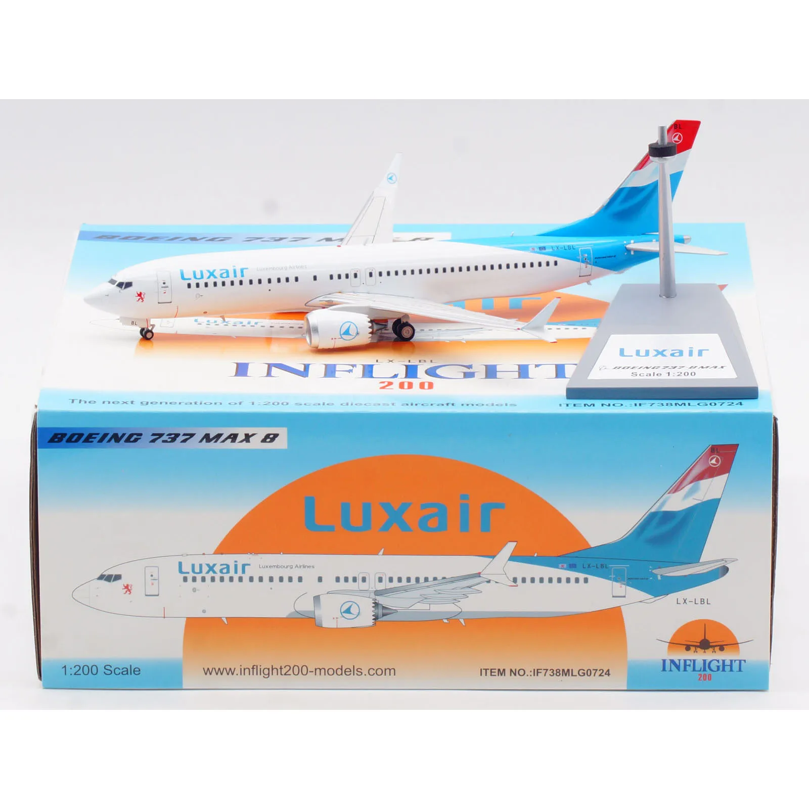 IF738MLG0724 Alloy Collectible Plane Gift INFLIGHT 1:200 LUXAIR Boeing B737-8 MAX Diecast Aircraft Jet Model LX-LBL With Stand