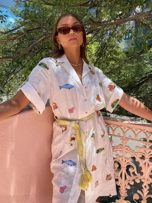 Vestido Midi Vintage de manga corta para Mujer, traje elegante con estampado a la moda para verano, 2024