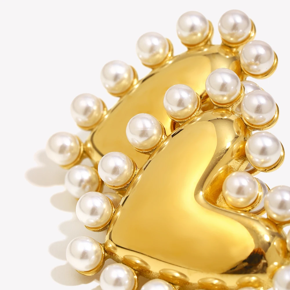 E.B.belle Outer Hoop Pearl Smooth Heart Earrings 18K Gold Plated Jewelry 316L Stainless Steel Earrings for Women