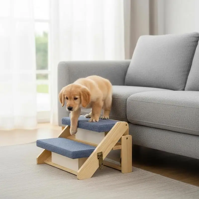 

Free Shipping-Wooden Dog Steps 17x14x13 Inch For Bedroom Living Room Travel Foldable Compact Design Stable Support High Load Cap