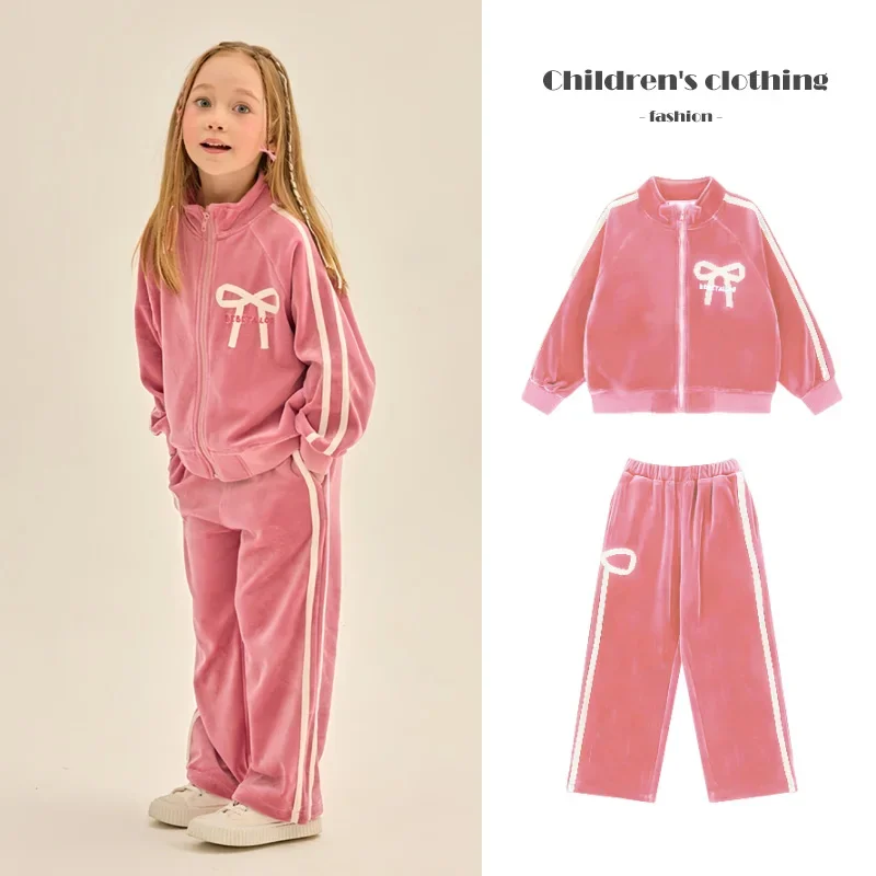 2024 Autumn/Winter Children's Clothing Set Embroidered Pink Bow Girls' Coat Pants Fashion Baby Girls' Sportswear Set Outerwear