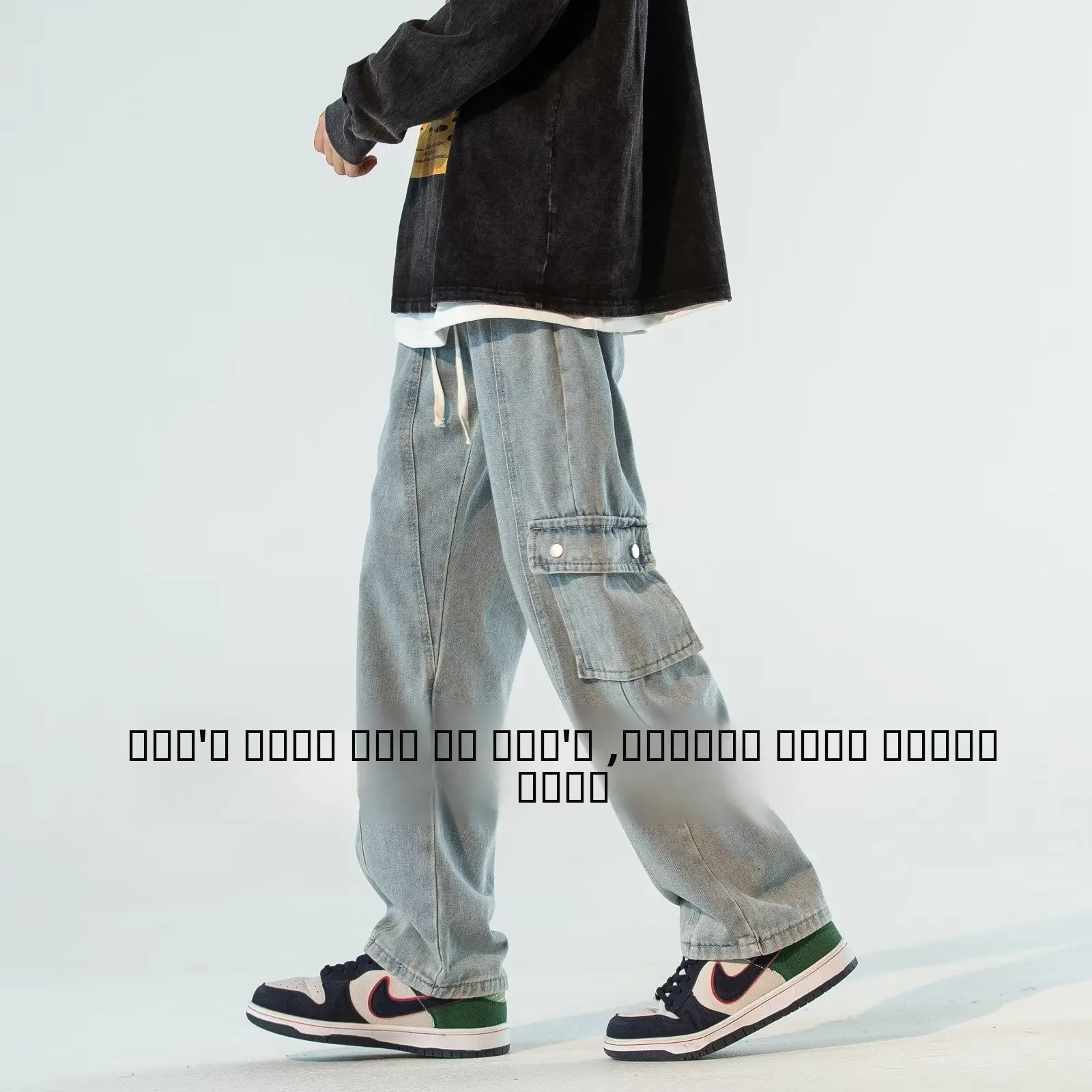 

Retro Blue Drawstring Workwear Jeans Men's Spring Autumn Elastic Waist Casual Loose Straight Leg Pants Wear Resistant Work Tr...
