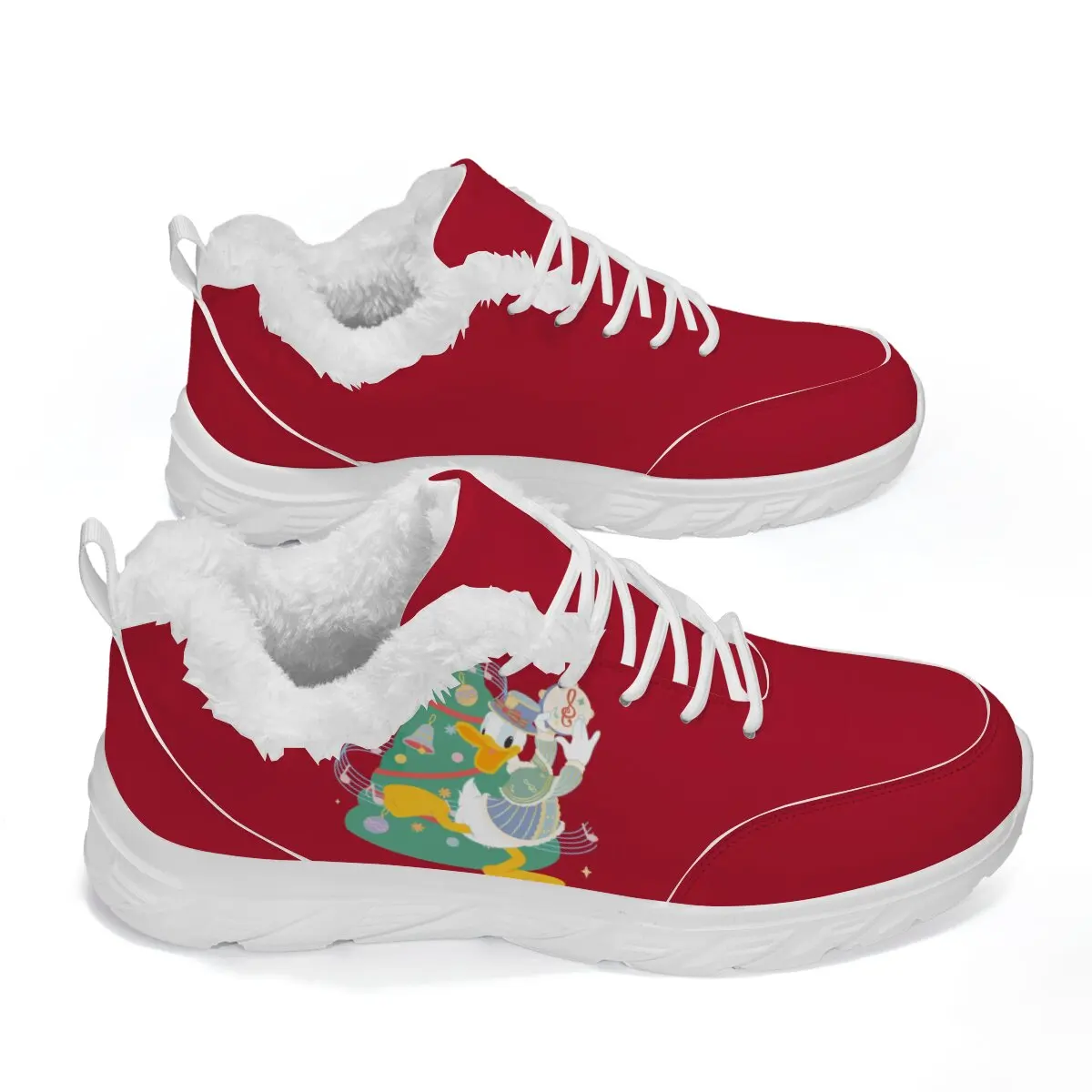 女性用冬用フラットシューズ、赤いクリスマスドナルドダックスニーカー、毛皮の襟とツリーの形をしたラウンドトゥ、暖かい綿の靴