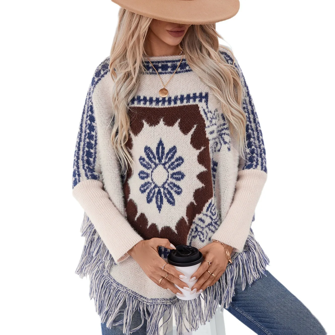 Retro ethnic style one-word neck pullover sweater shawl women's autumn and winter loose long-sleeved knitted fringed cape