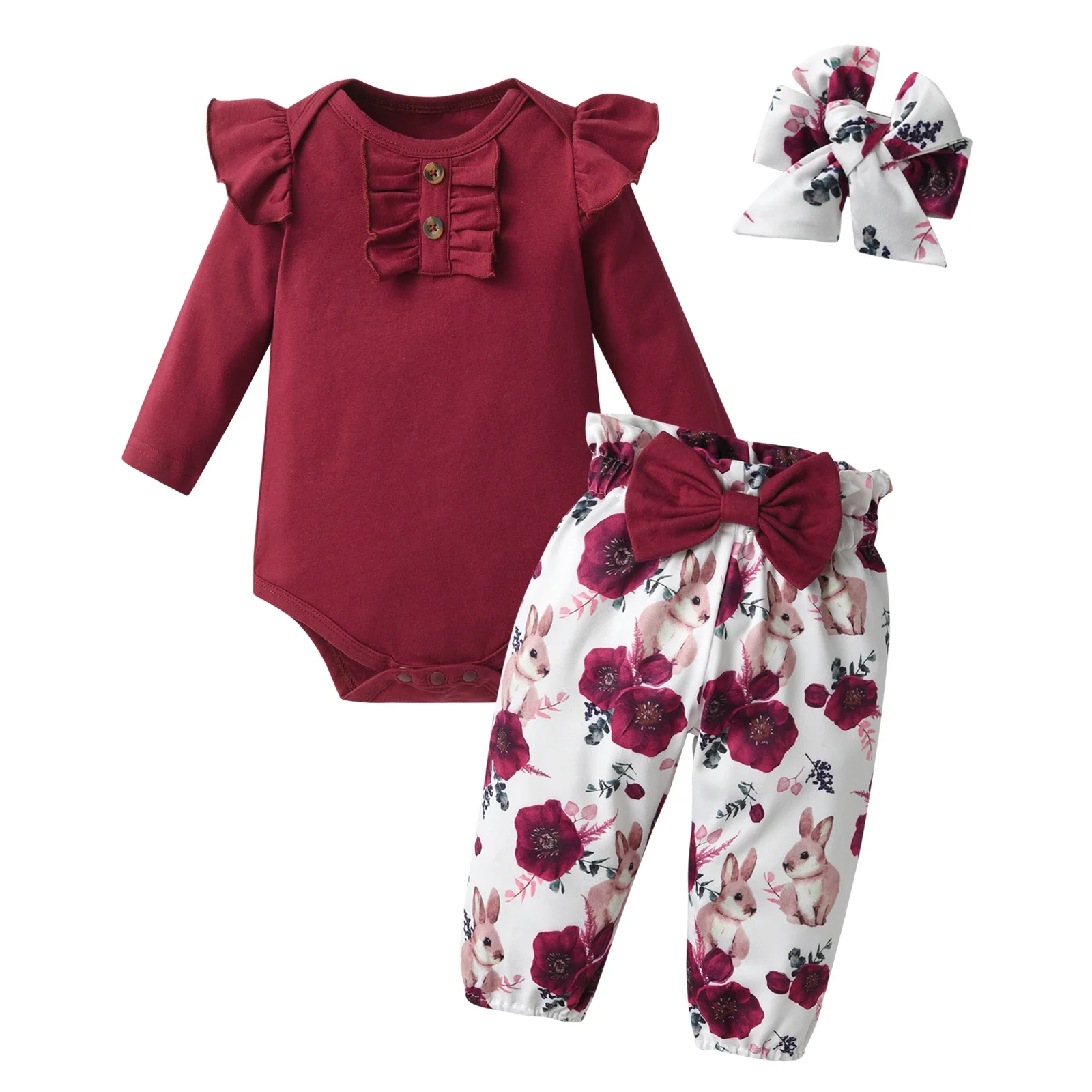 Spring Autumn Newborn Infant Baby Girl 3pcs Clothes Set Long Sleeve Romper Bodysuit Top + Floral Printed Pants + Bow Headband